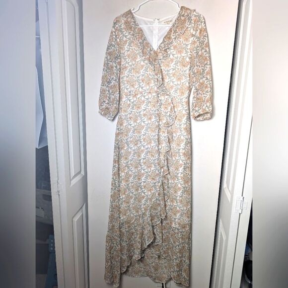 Jessakae Dress Maxi Ruffle Mute Floral 3/4 Smock Sleeve Flowy Faux Wrap Sz m - Picture 2 of 12